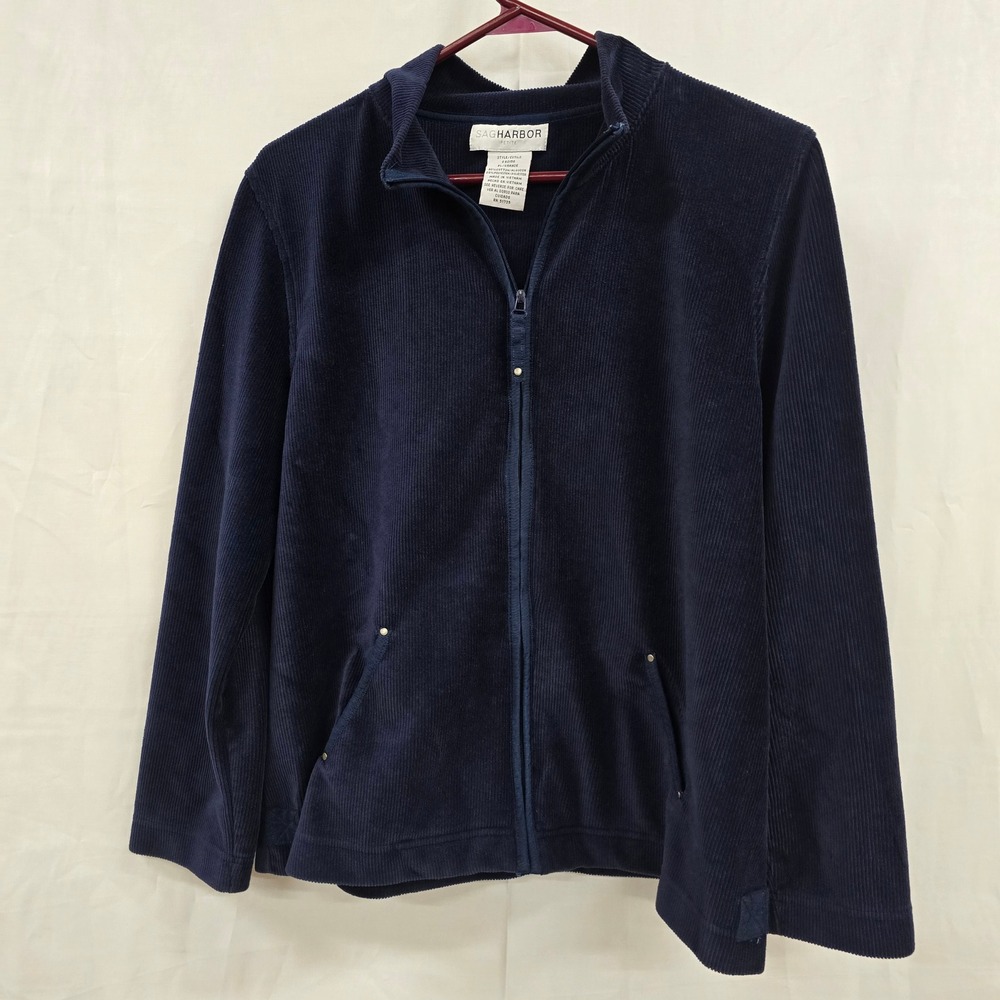 Sag Harbor Petite Navy Blue Corduroy Full Zip Jacket Mock Neck F62150 Womens PL